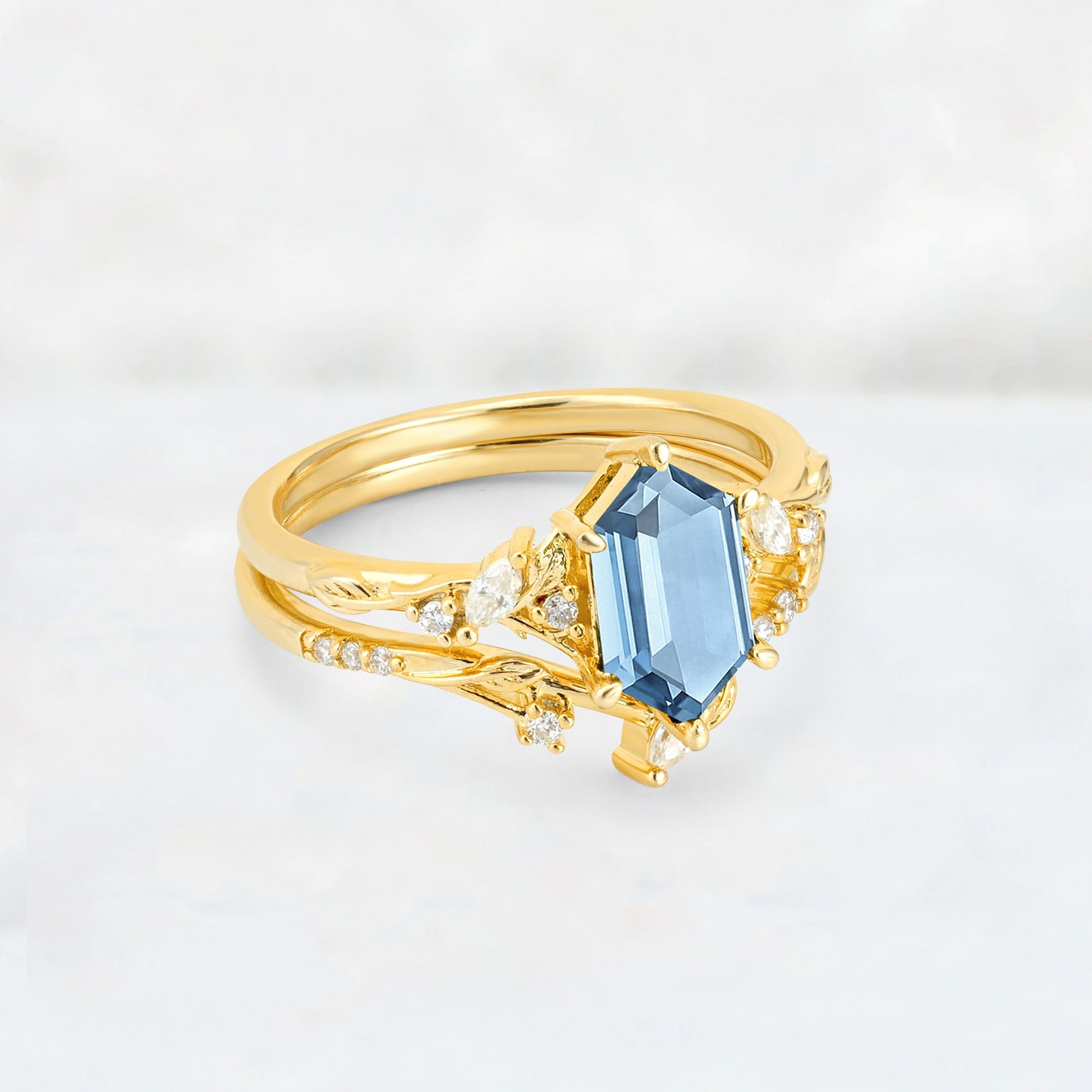 Elongated Hexagon Aquamarine Leaf Vine Bridal Ring Set - Rose-Gold
