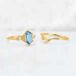 Elongated Hexagon Aquamarine Leaf Vine Bridal Ring Set - White-Gold