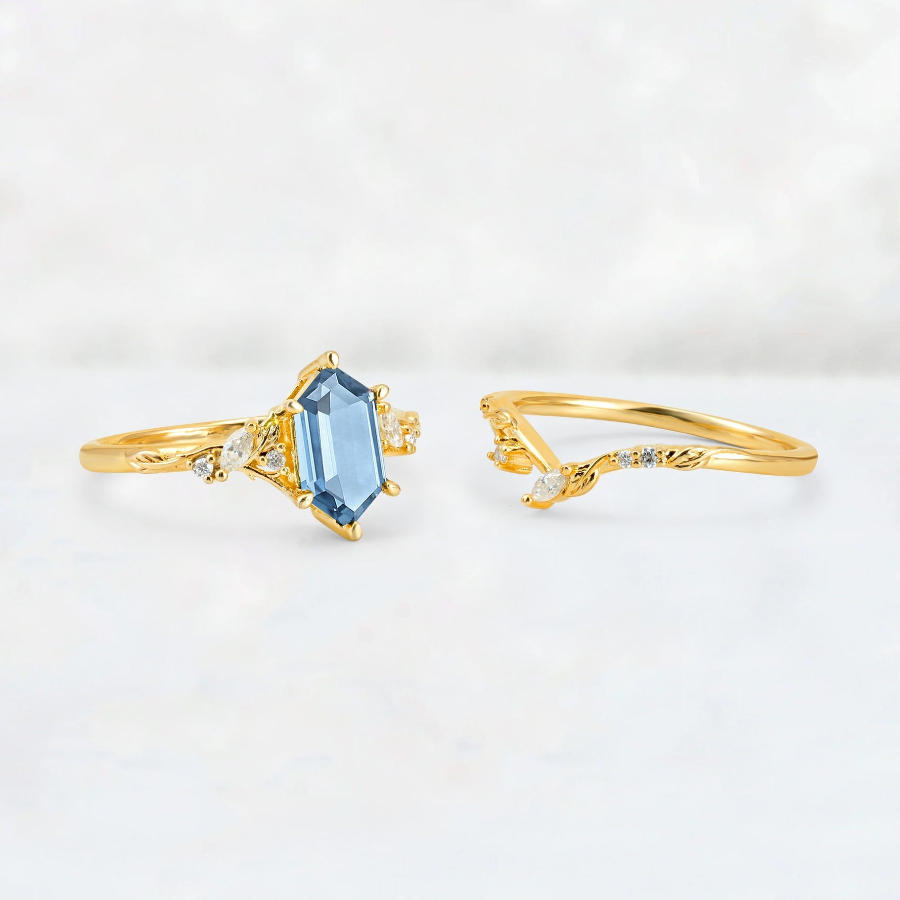 Elongated Hexagon Aquamarine Leaf Vine Bridal Ring Set - White-Gold
