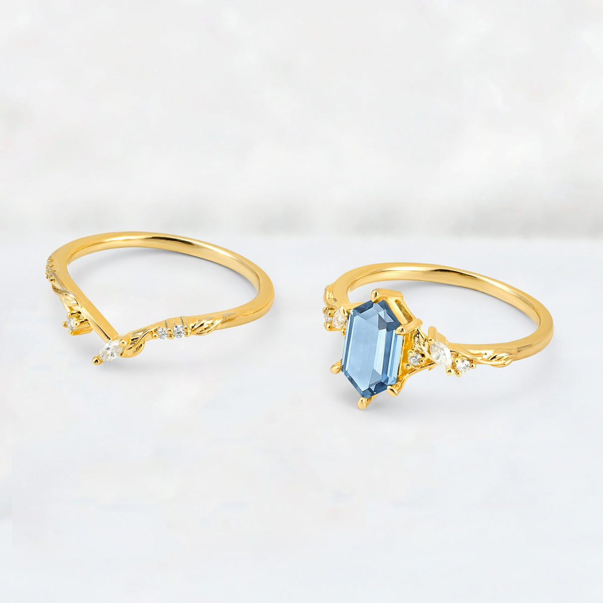 Elongated Hexagon Aquamarine Leaf Vine Bridal Ring Set - Additional view