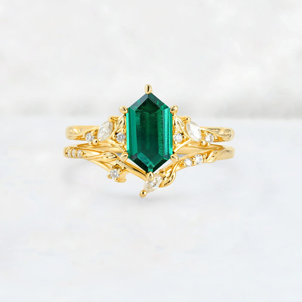 Elongated Hexagon Emerald Leaf Vine Bridal Ring Set - Yellow-Gold