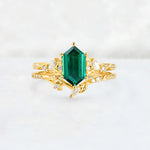 Elongated Hexagon Emerald Leaf Vine Bridal Ring Set - Yellow-Gold