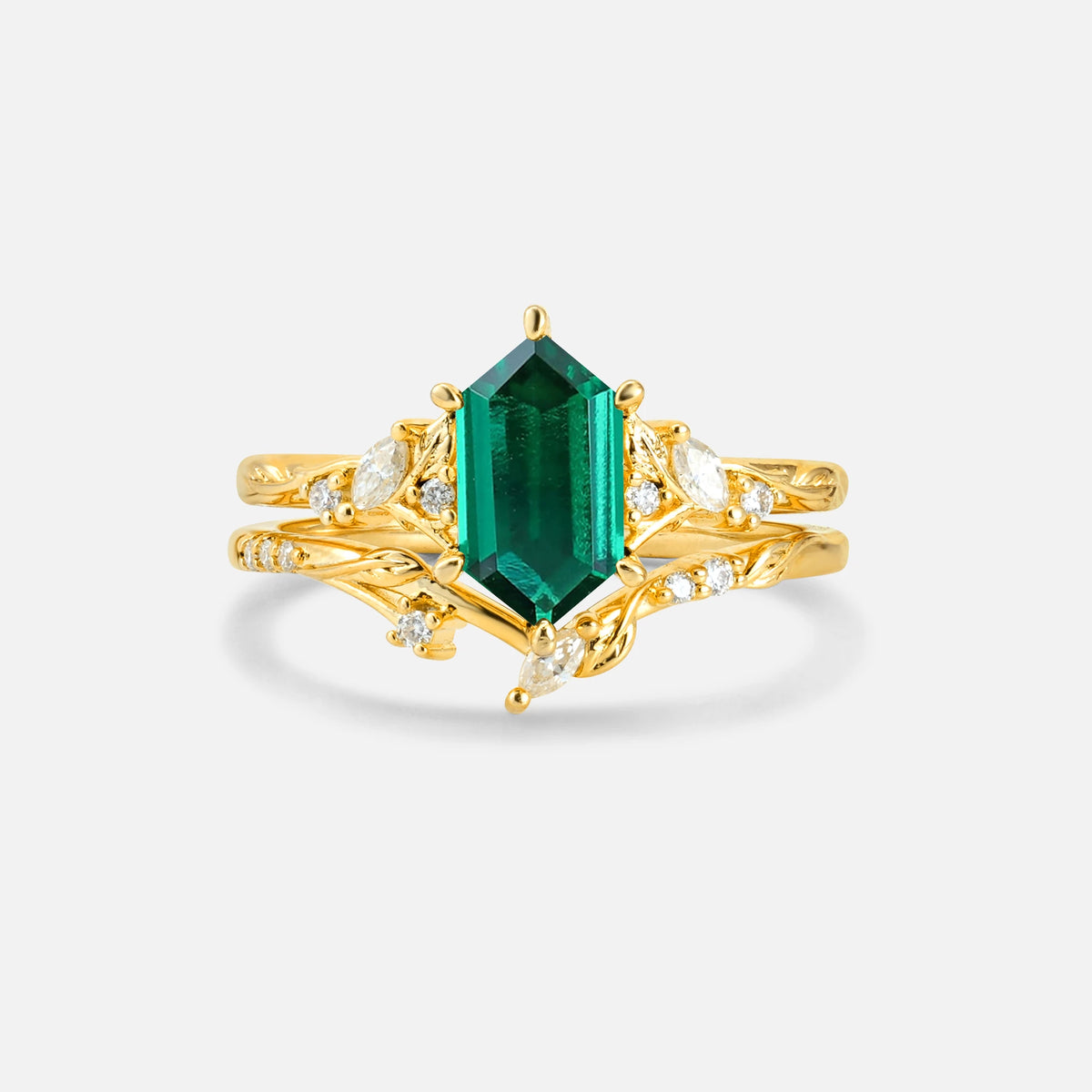 Elongated Hexagon Emerald Leaf Vine Bridal Ring Set - Yellow-Gold