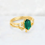 Elongated Hexagon Emerald Leaf Vine Bridal Ring Set - Rose-Gold