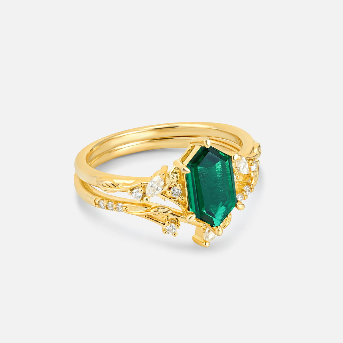 Elongated Hexagon Emerald Leaf Vine Bridal Ring Set - Rose-Gold