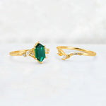 Elongated Hexagon Emerald Leaf Vine Bridal Ring Set - White-Gold