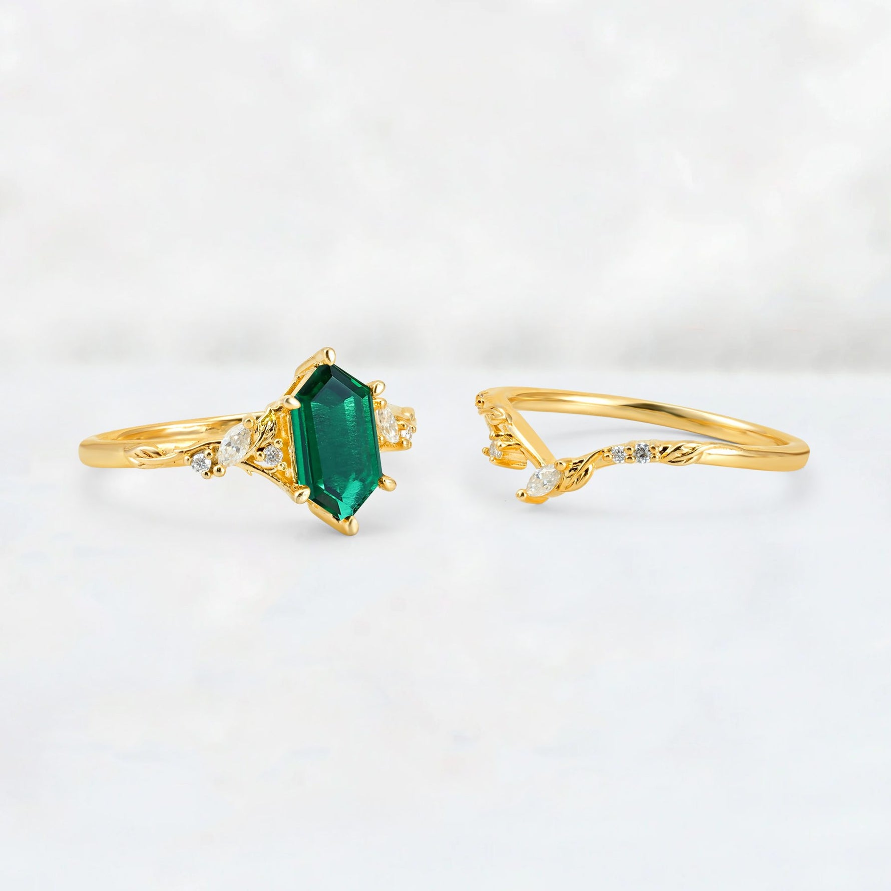 Elongated Hexagon Emerald Leaf Vine Bridal Ring Set - White-Gold