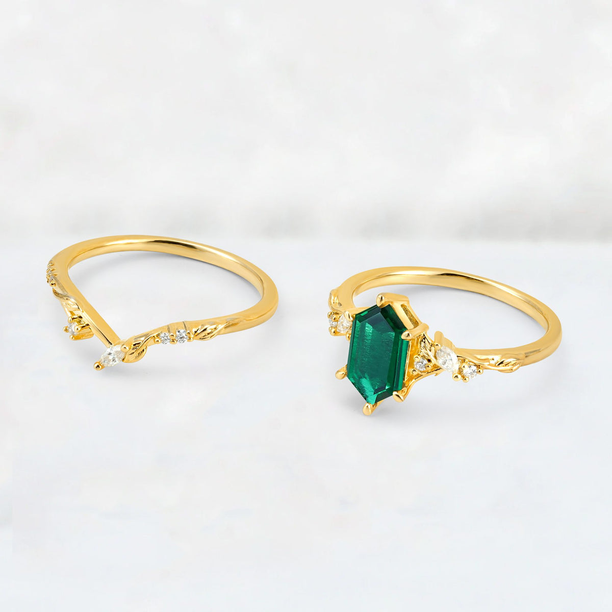 Elongated Hexagon Emerald Leaf Vine Bridal Ring Set - Additional view