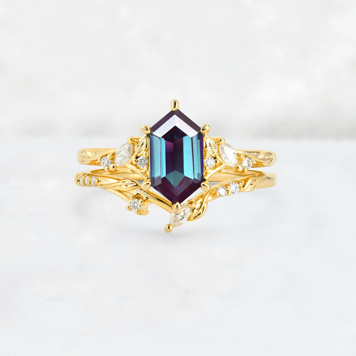 Elongated Hexagon Alexandrite Leaf Vine Bridal Ring Set - Yellow-Gold