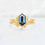 Elongated Hexagon Alexandrite Leaf Vine Bridal Ring Set - Yellow-Gold