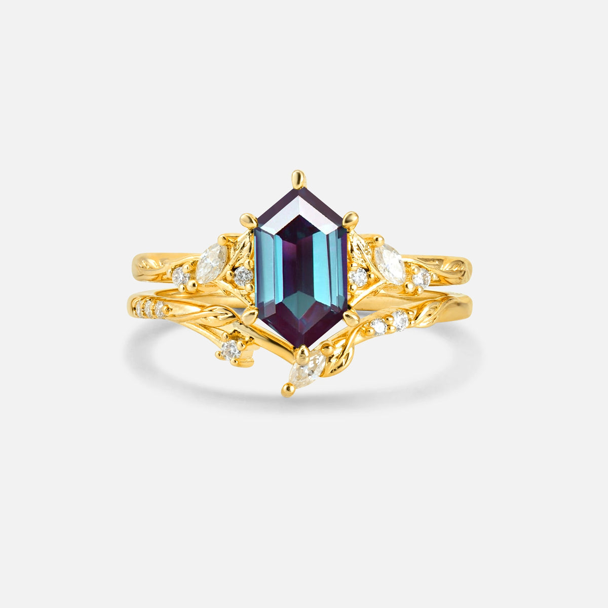 Elongated Hexagon Alexandrite Leaf Vine Bridal Ring Set - Yellow-Gold