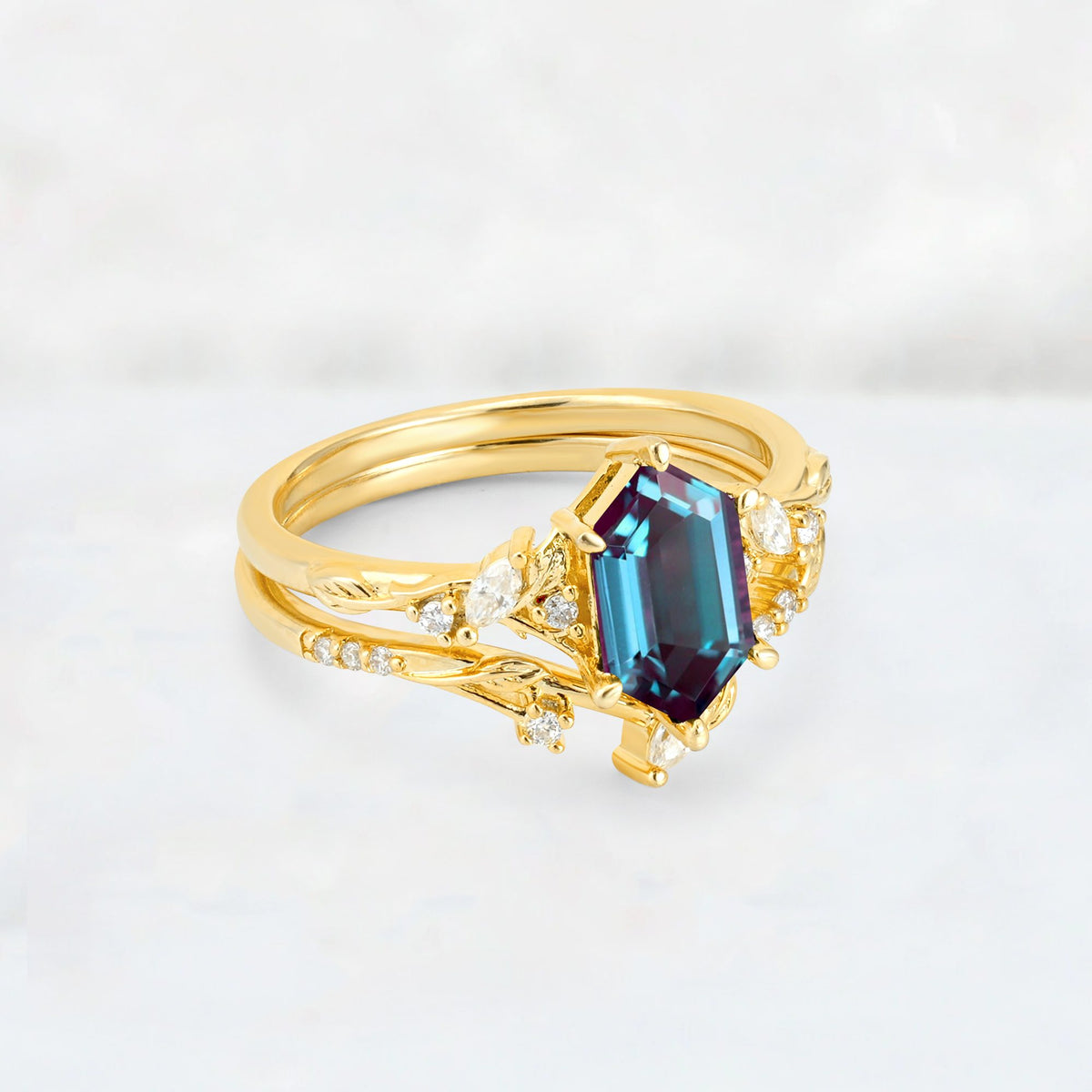 Elongated Hexagon Alexandrite Leaf Vine Bridal Ring Set - Rose-Gold