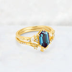 Elongated Hexagon Alexandrite Leaf Vine Bridal Ring Set - Rose-Gold