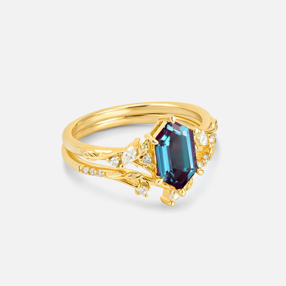Elongated Hexagon Alexandrite Leaf Vine Bridal Ring Set - Rose-Gold