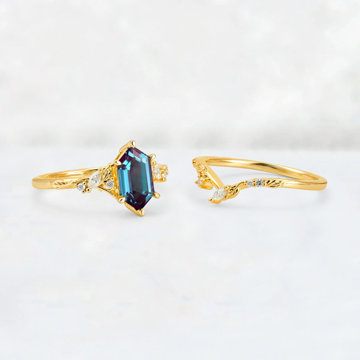 Elongated Hexagon Alexandrite Leaf Vine Bridal Ring Set - White-Gold