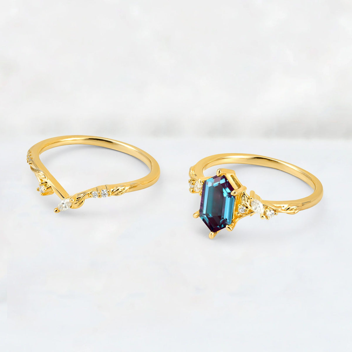 Elongated Hexagon Alexandrite Leaf Vine Bridal Ring Set - Additional view