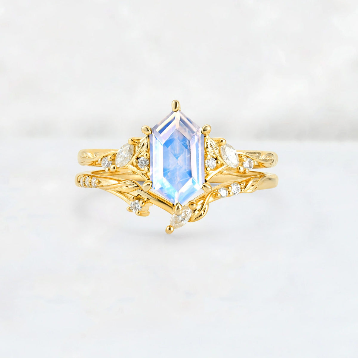 Elongated Hexagon Moonstone Leaf Vine Bridal Ring Set - Yellow-Gold