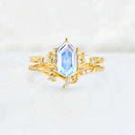 Elongated Hexagon Moonstone Leaf Vine Bridal Ring Set - Yellow-Gold