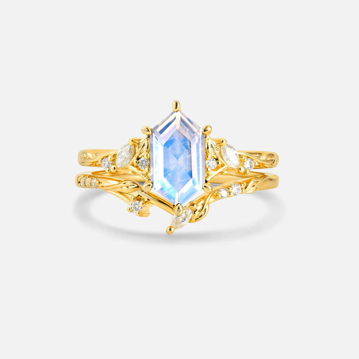 Elongated Hexagon Moonstone Leaf Vine Bridal Ring Set - Yellow-Gold