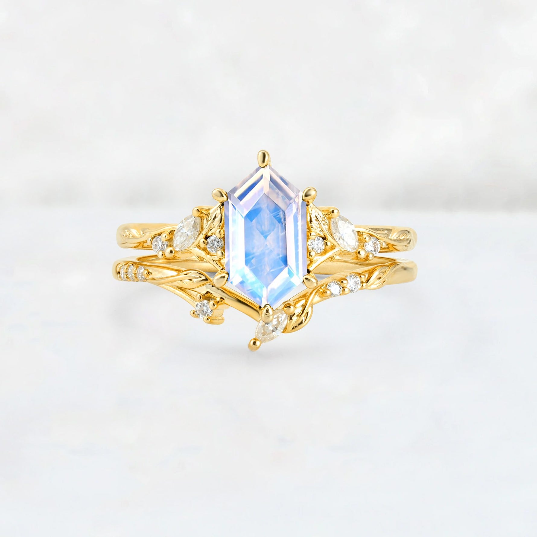 Elongated Hexagon Moonstone Leaf Vine Bridal Ring Set - Yellow-Gold