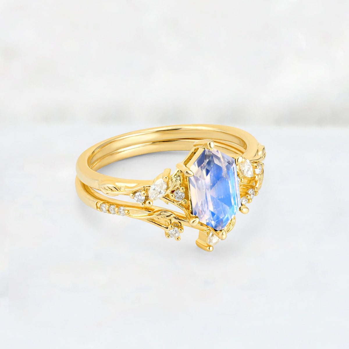 Elongated Hexagon Moonstone Leaf Vine Bridal Ring Set - Rose-Gold