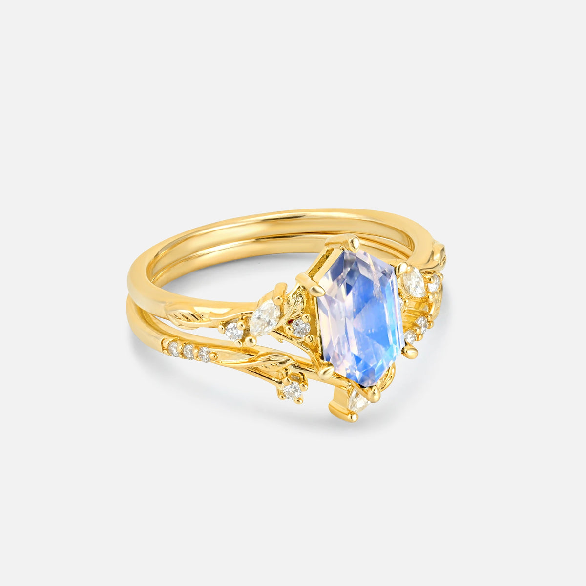 Elongated Hexagon Moonstone Leaf Vine Bridal Ring Set - Rose-Gold