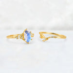 Elongated Hexagon Moonstone Leaf Vine Bridal Ring Set - White-Gold