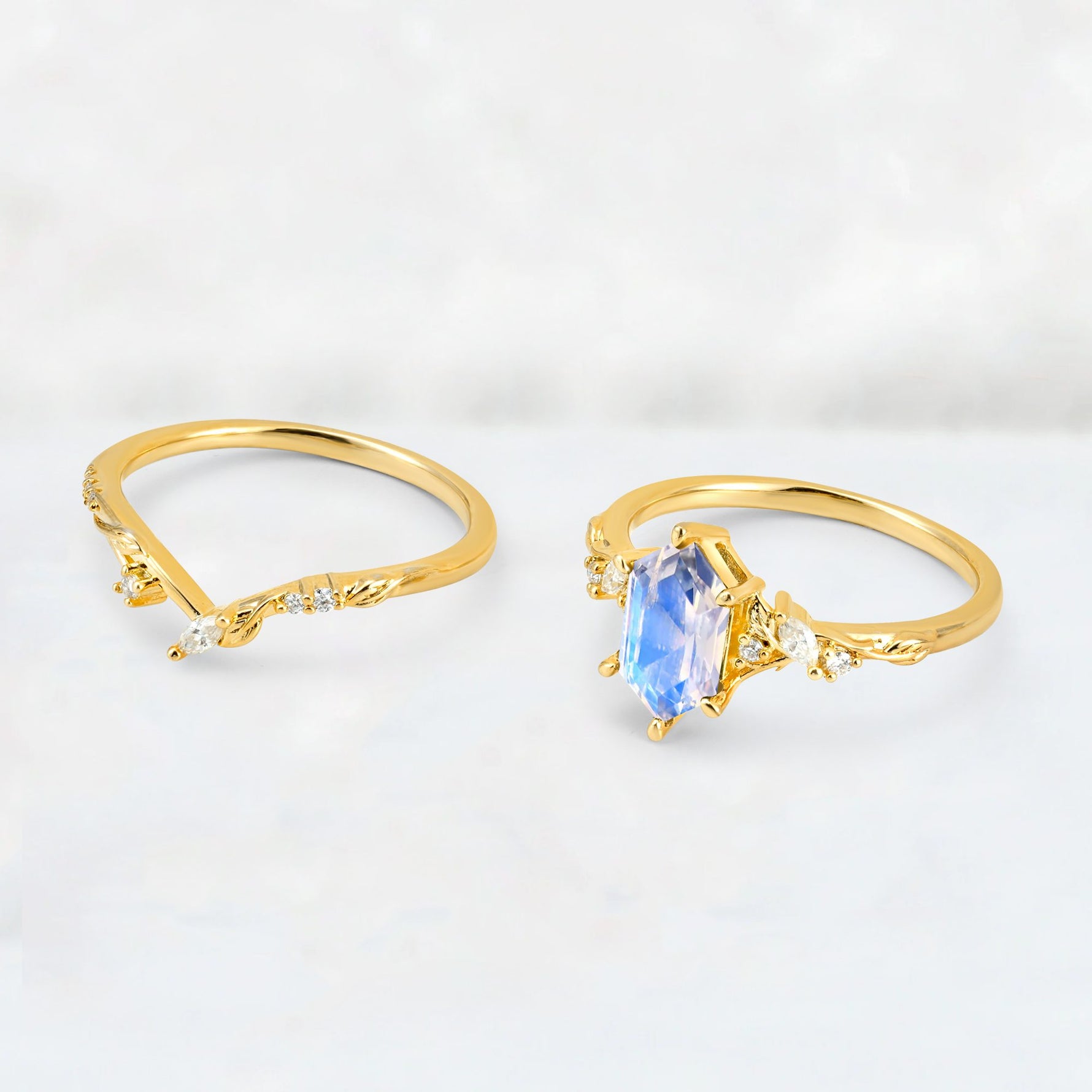 Elongated Hexagon Moonstone Leaf Vine Bridal Ring Set - Additional view