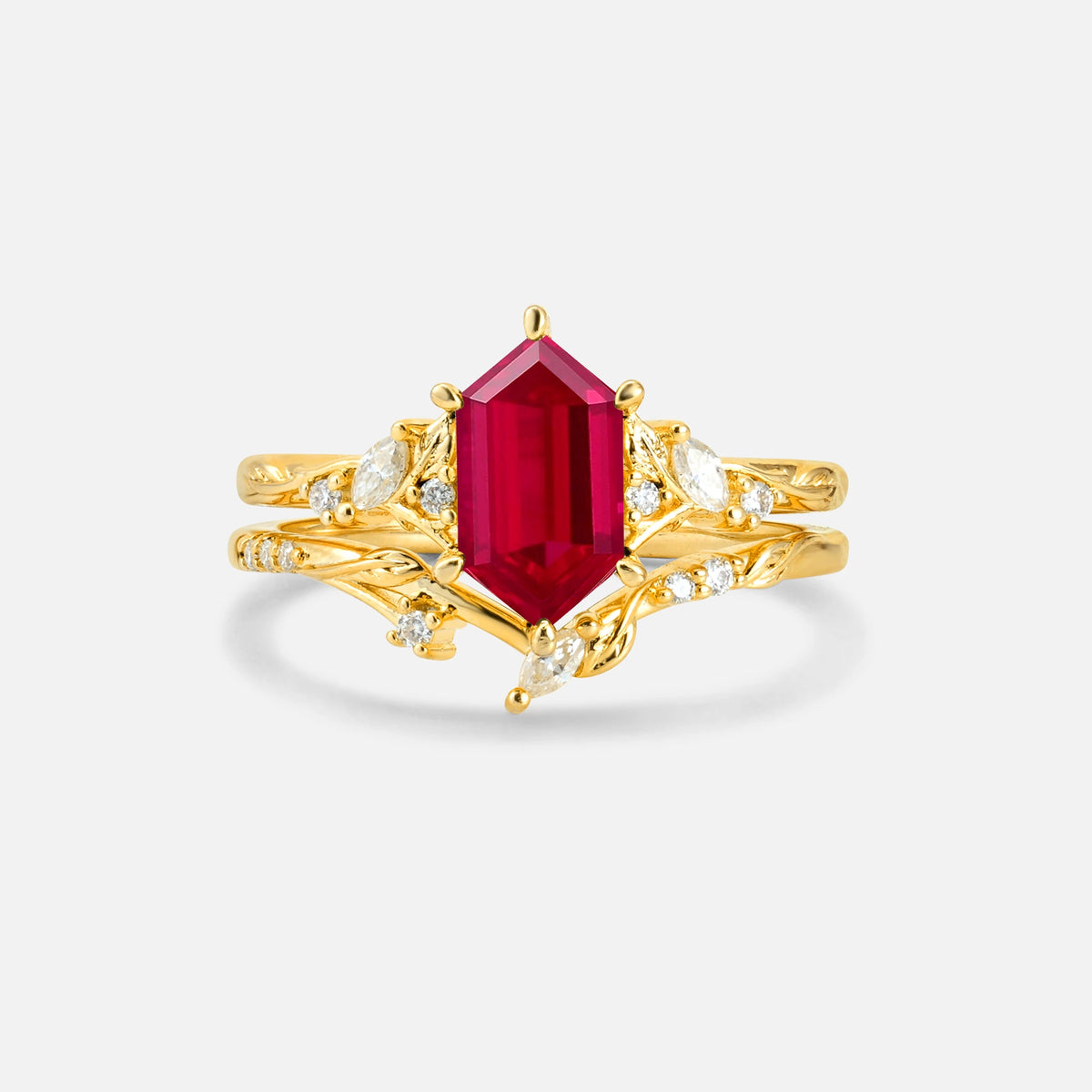 Elongated Hexagon Ruby Leaf Vine Bridal Ring Set - Yellow-Gold