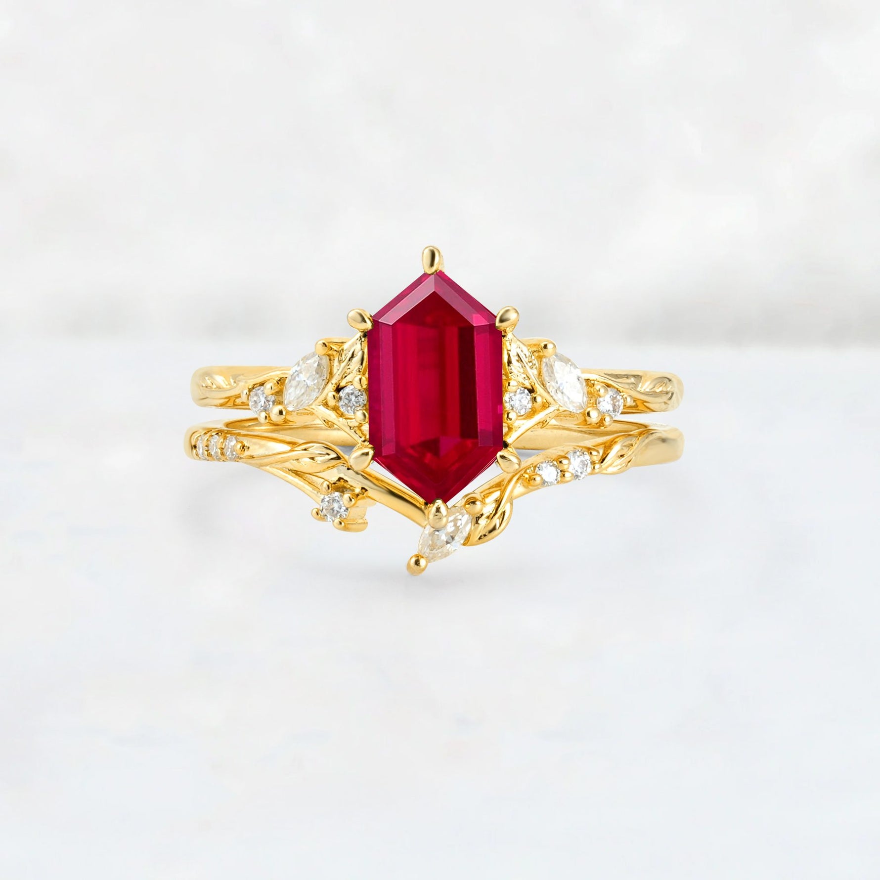 Elongated Hexagon Ruby Leaf Vine Bridal Ring Set - Yellow-Gold