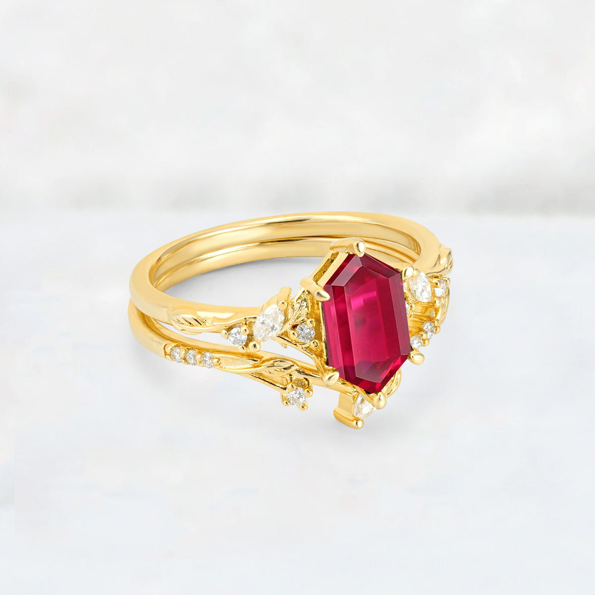 Elongated Hexagon Ruby Leaf Vine Bridal Ring Set - Rose-Gold