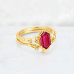 Elongated Hexagon Ruby Leaf Vine Bridal Ring Set - Rose-Gold