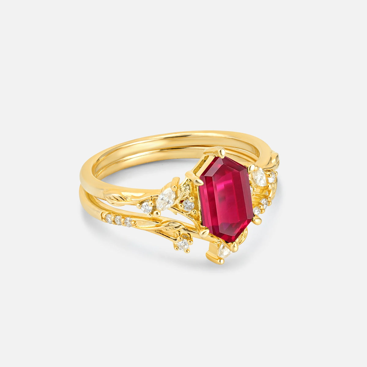 Elongated Hexagon Ruby Leaf Vine Bridal Ring Set - Rose-Gold