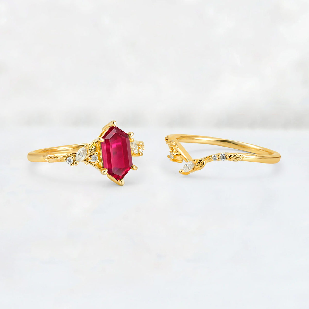 Elongated Hexagon Ruby Leaf Vine Bridal Ring Set - White-Gold