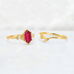 Elongated Hexagon Ruby Leaf Vine Bridal Ring Set - White-Gold
