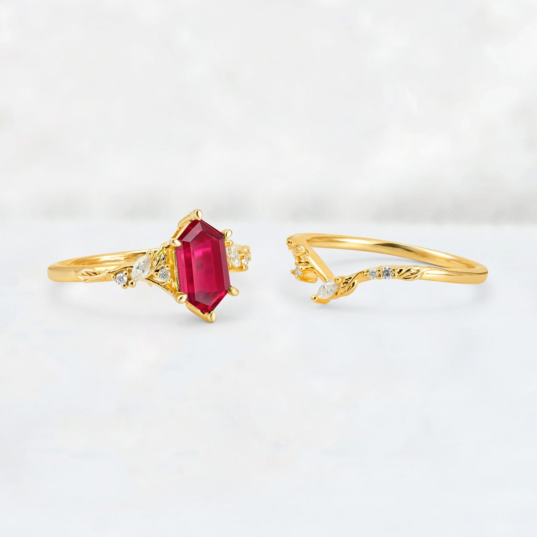 Elongated Hexagon Ruby Leaf Vine Bridal Ring Set - White-Gold
