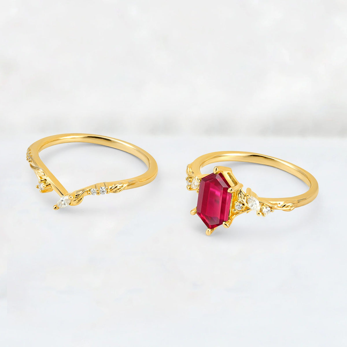 Elongated Hexagon Ruby Leaf Vine Bridal Ring Set - Additional view
