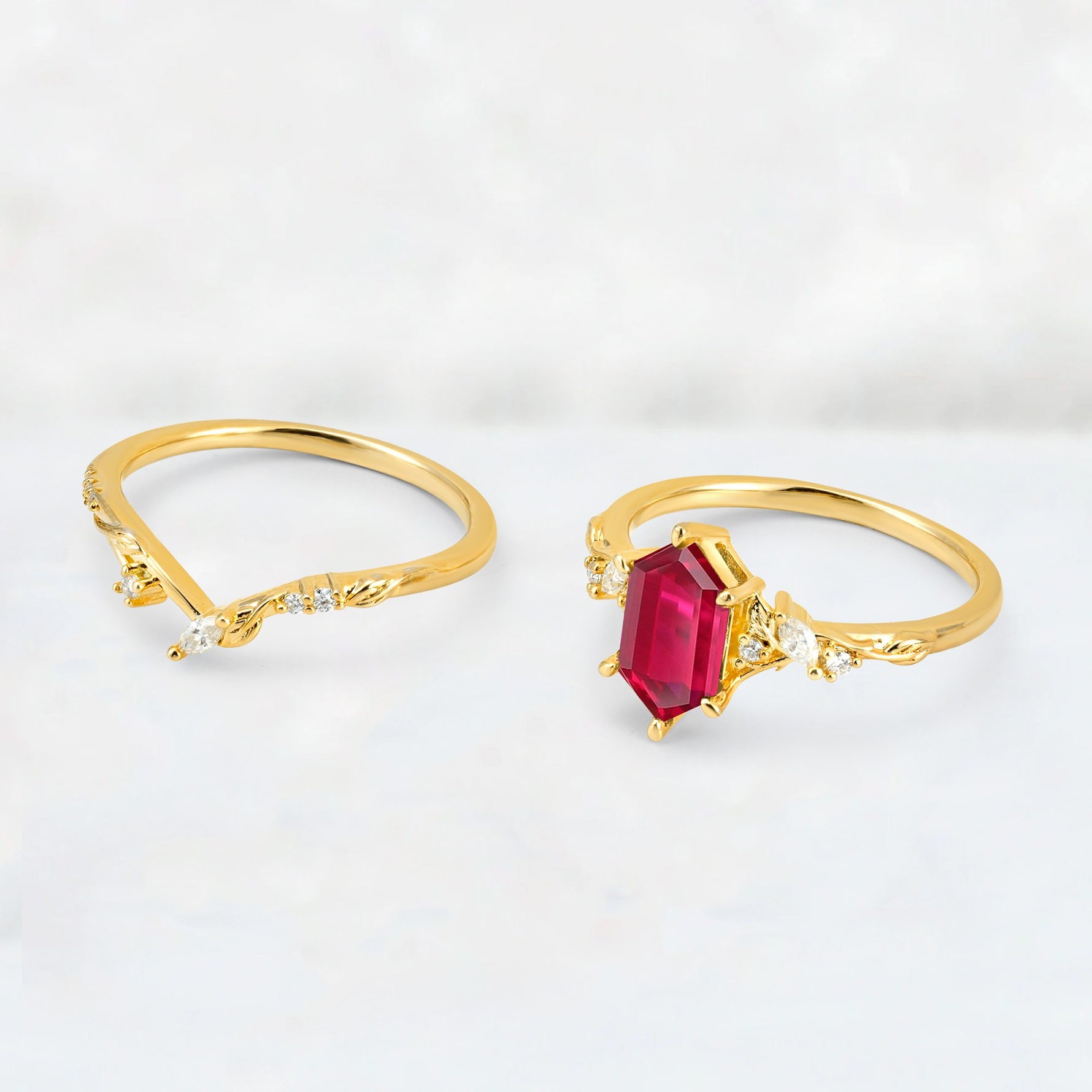 Elongated Hexagon Ruby Leaf Vine Bridal Ring Set - Additional view
