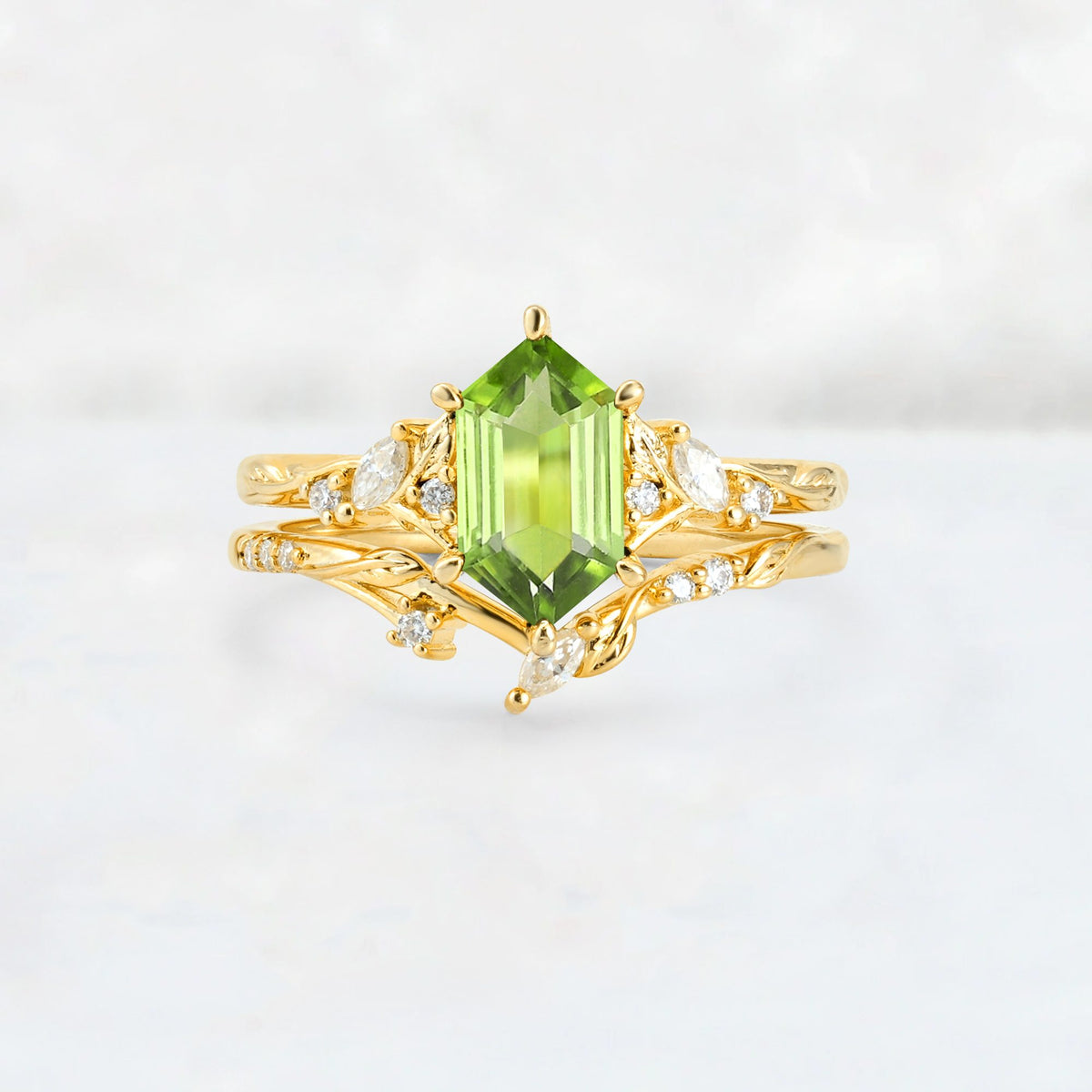 Elongated Hexagon Peridot Leaf Vine Bridal Ring Set - Yellow-Gold