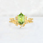 Elongated Hexagon Peridot Leaf Vine Bridal Ring Set - Yellow-Gold