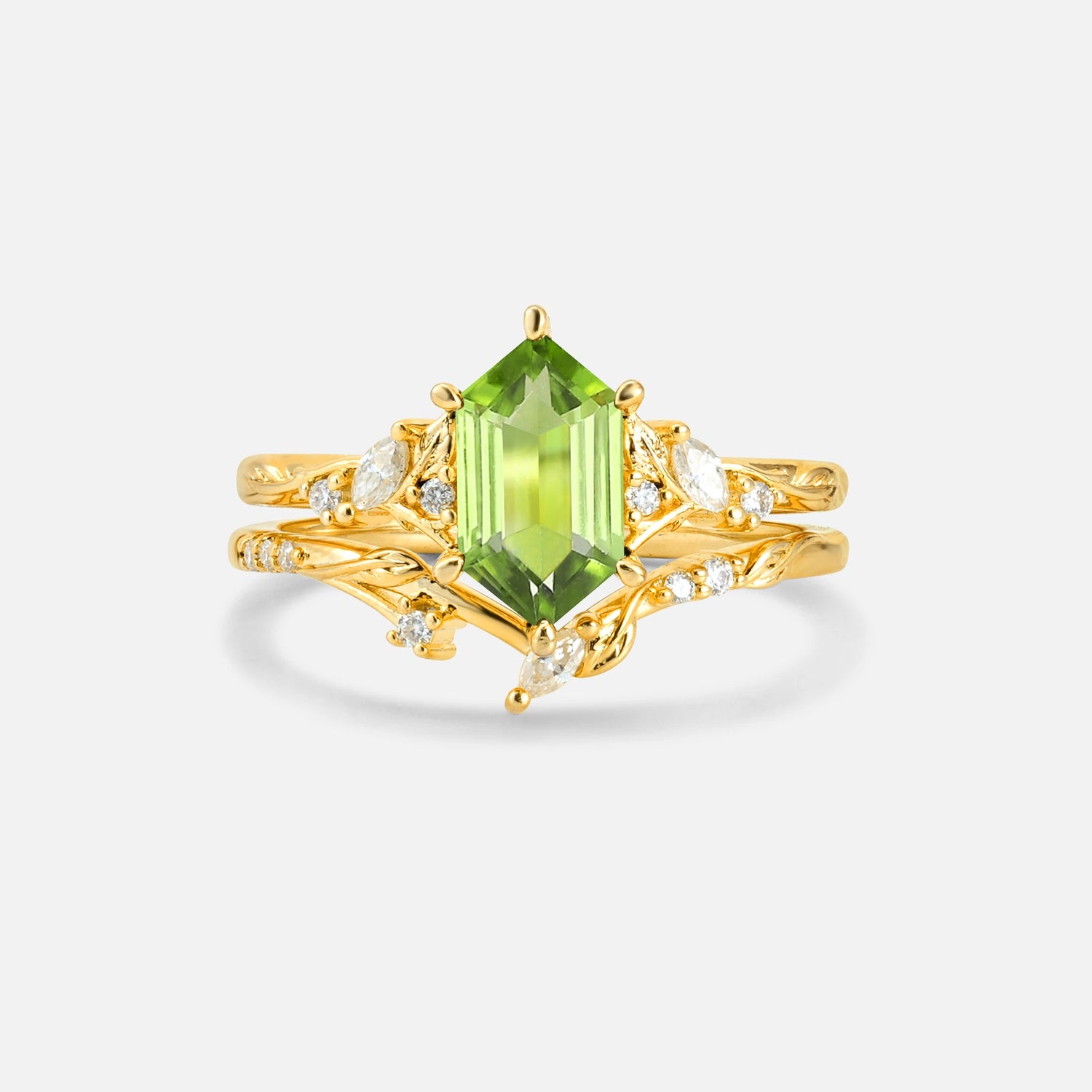 Elongated Hexagon Peridot Leaf Vine Bridal Ring Set - Yellow-Gold
