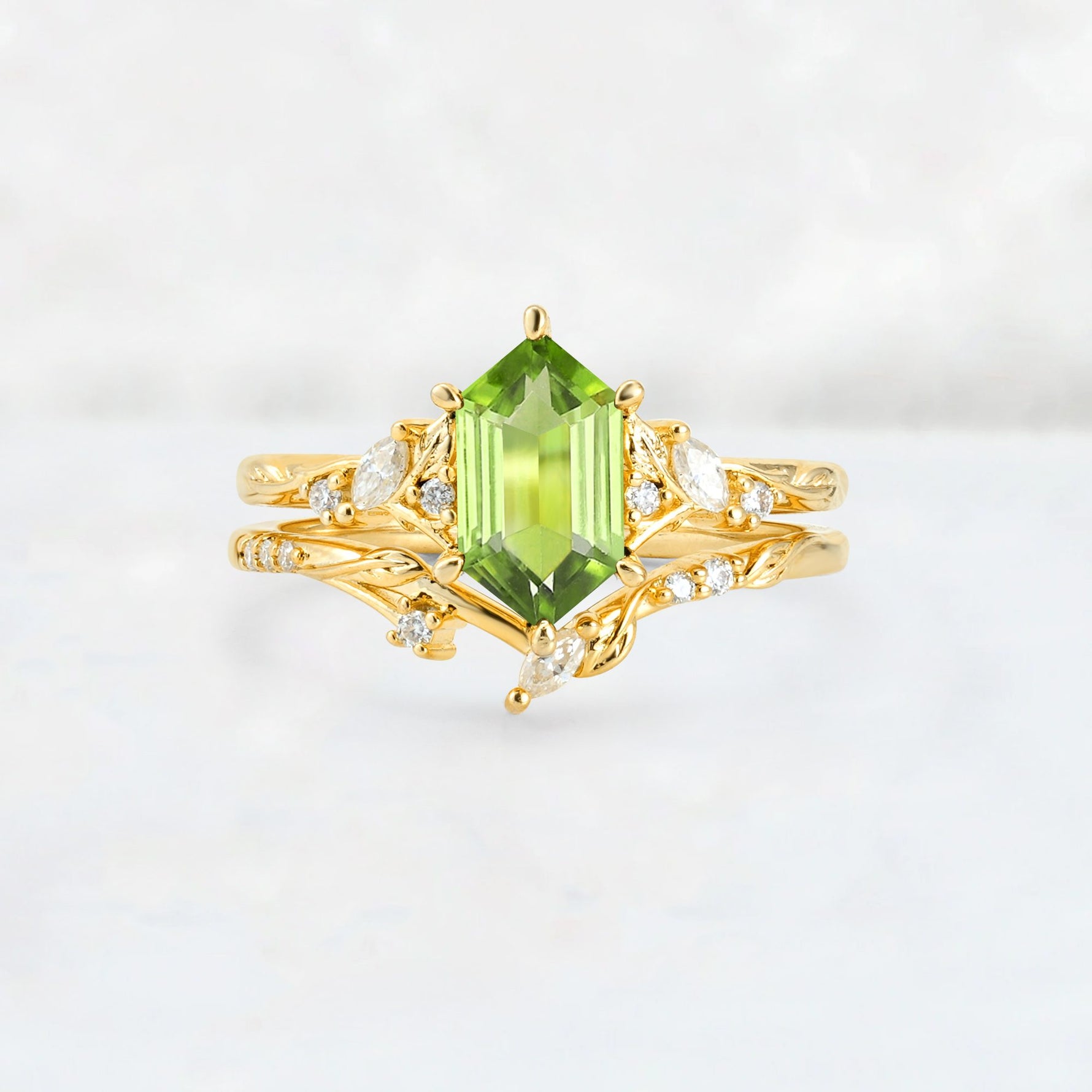 Elongated Hexagon Peridot Leaf Vine Bridal Ring Set - Yellow-Gold
