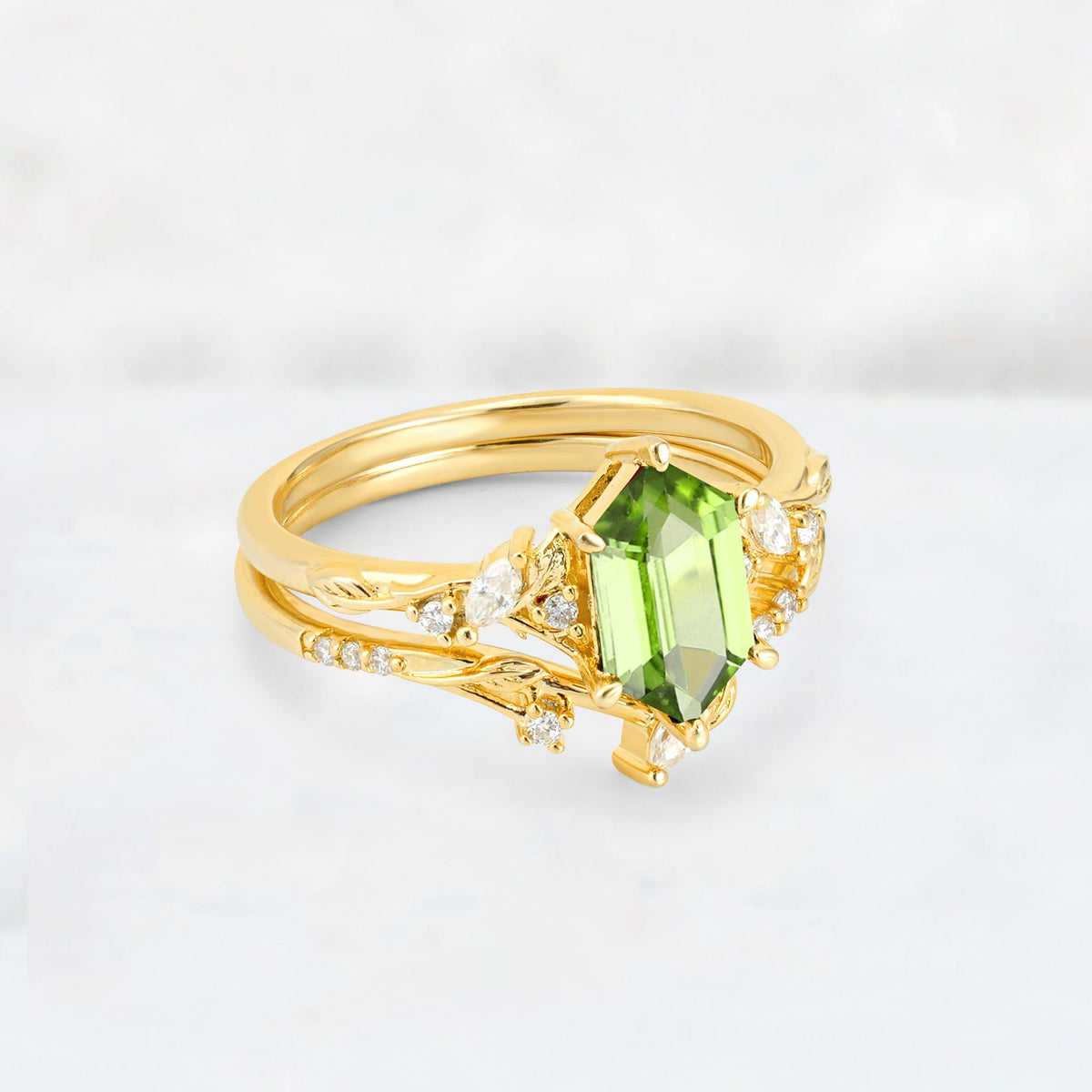 Elongated Hexagon Peridot Leaf Vine Bridal Ring Set - Rose-Gold