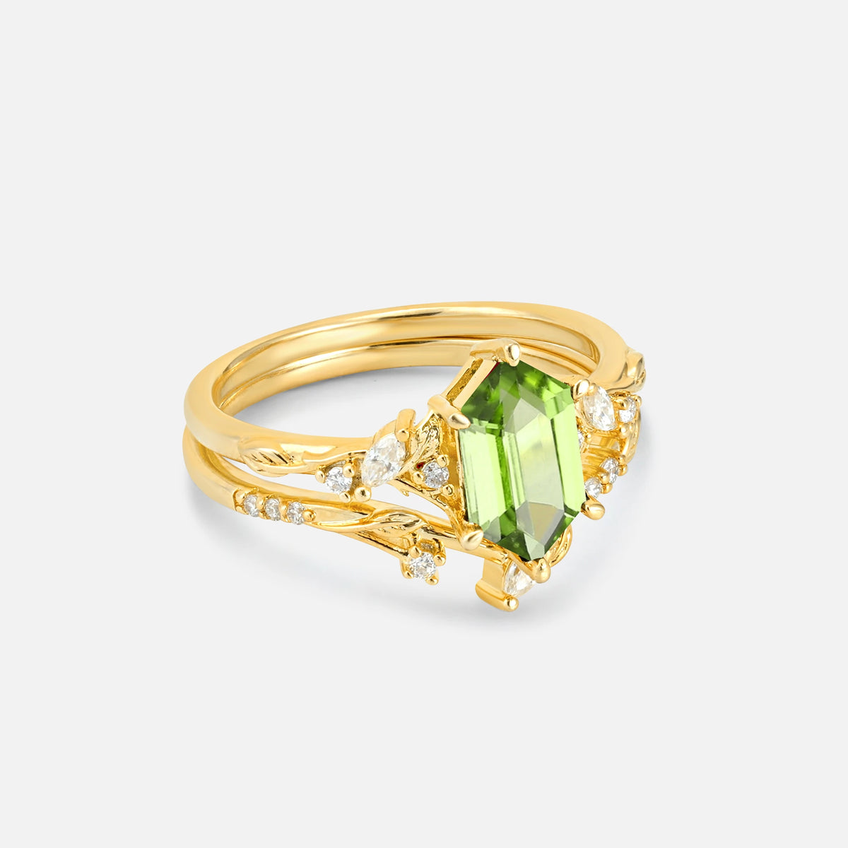 Elongated Hexagon Peridot Leaf Vine Bridal Ring Set - Rose-Gold