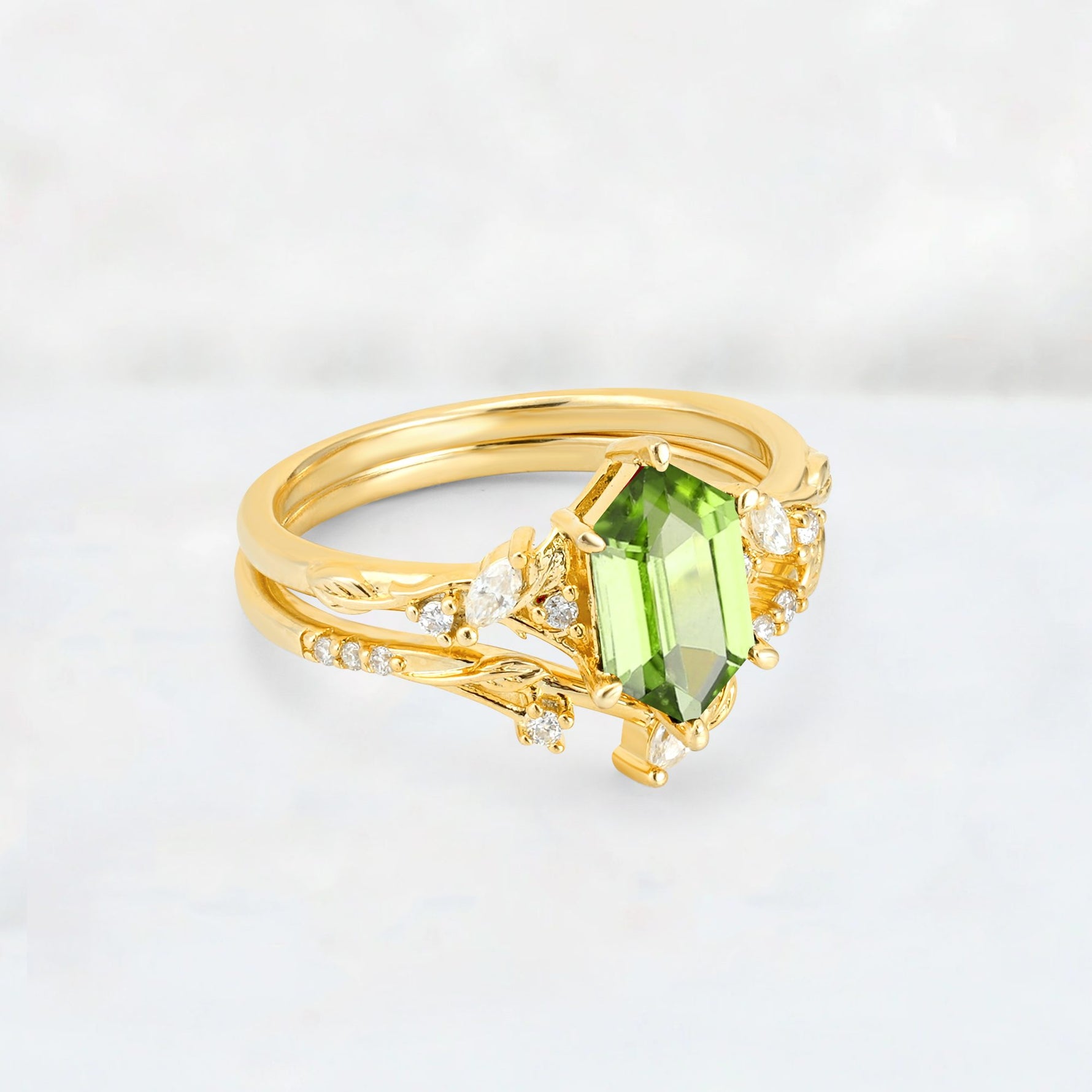 Elongated Hexagon Peridot Leaf Vine Bridal Ring Set - Rose-Gold