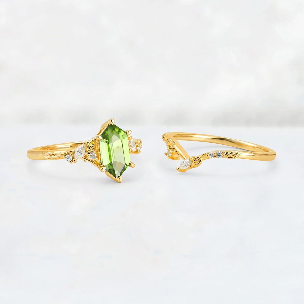 Elongated Hexagon Peridot Leaf Vine Bridal Ring Set - White-Gold