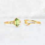 Elongated Hexagon Peridot Leaf Vine Bridal Ring Set - White-Gold