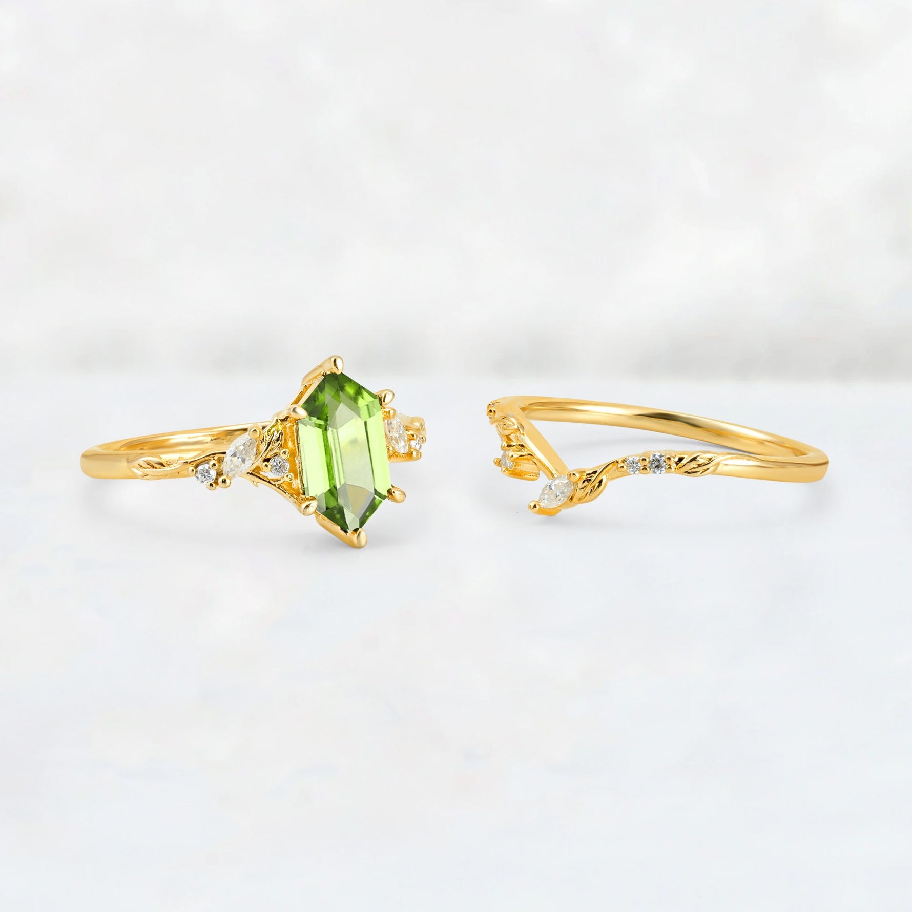 Elongated Hexagon Peridot Leaf Vine Bridal Ring Set - White-Gold