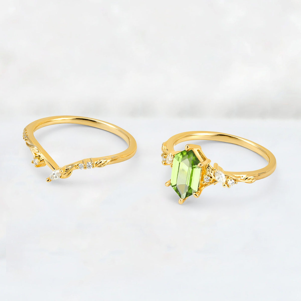 Elongated Hexagon Peridot Leaf Vine Bridal Ring Set - Additional view