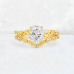 Oval Cut Moissanite Wedding Ring Set with Leaf and Vine Detail - Yellow-Gold